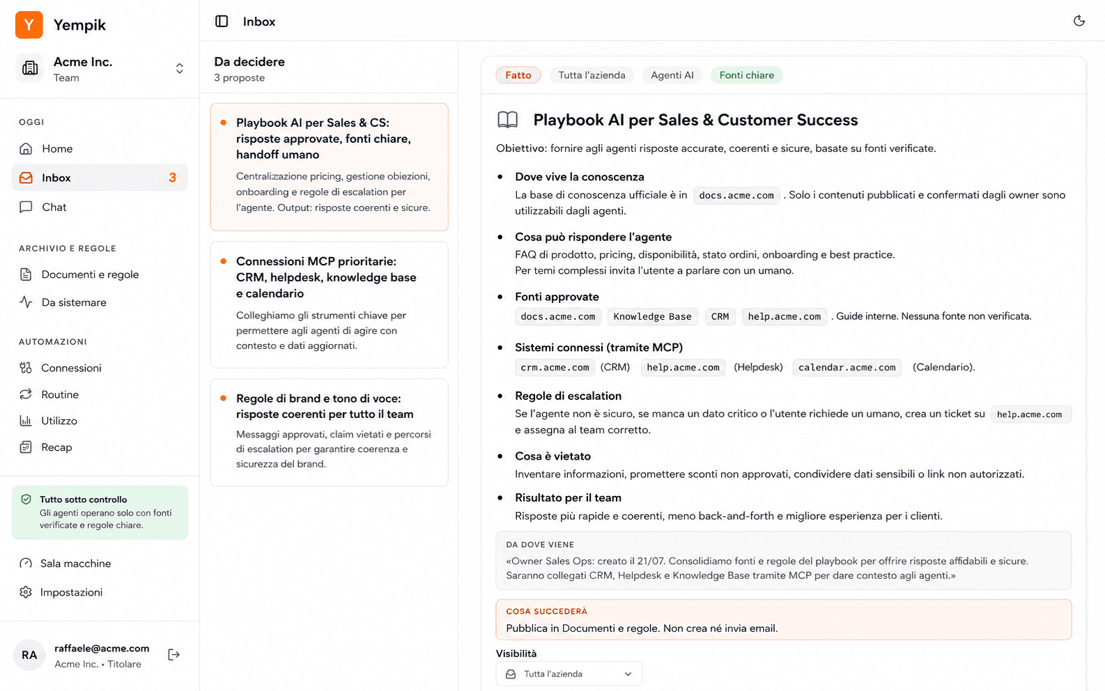 Schermata di brain.yempik.ai: Inbox con proposte da decidere e dettaglio del playbook AI per Sales & Customer Success.